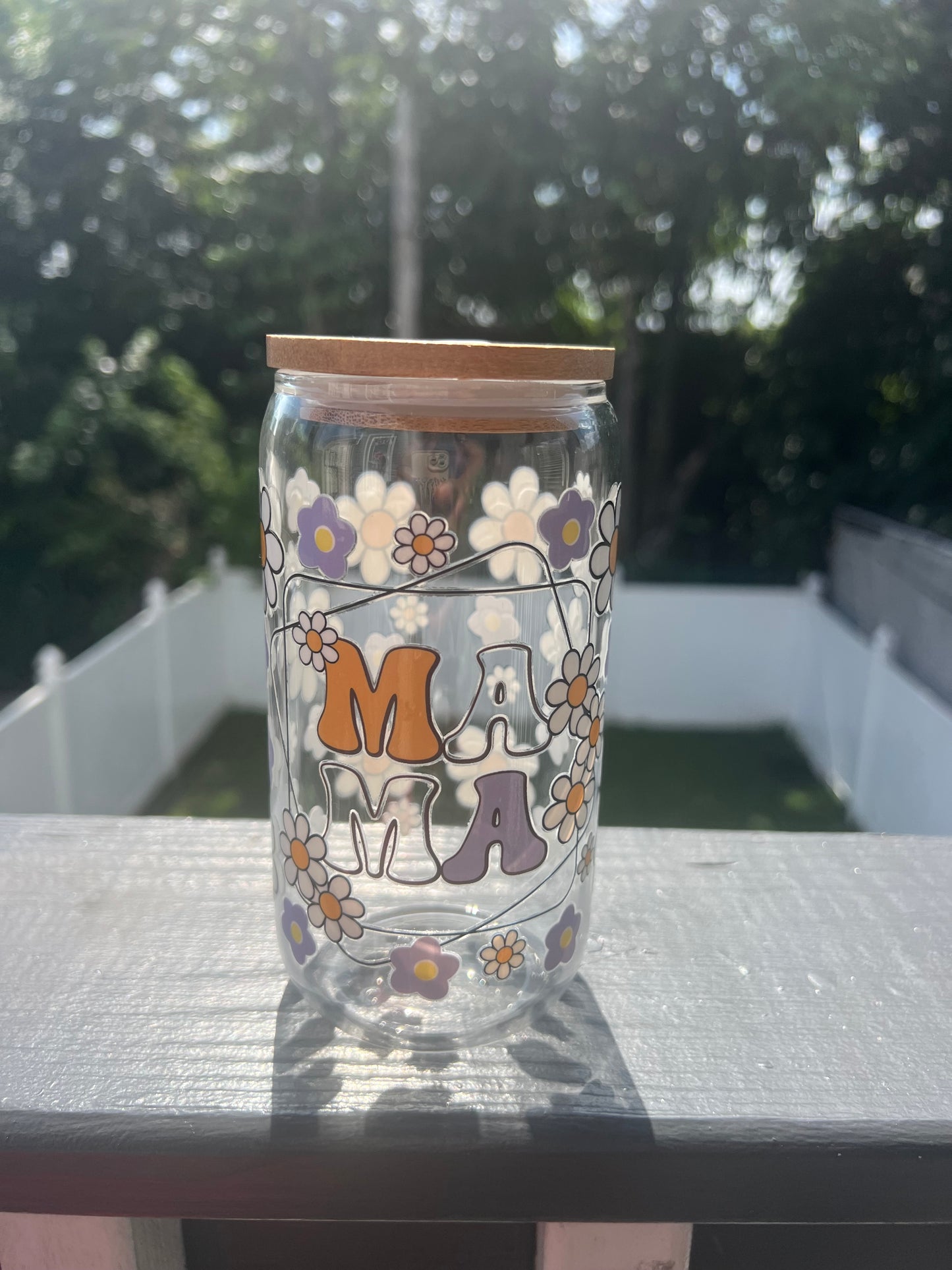 16 oz Glass Cup Mama Flower Decal