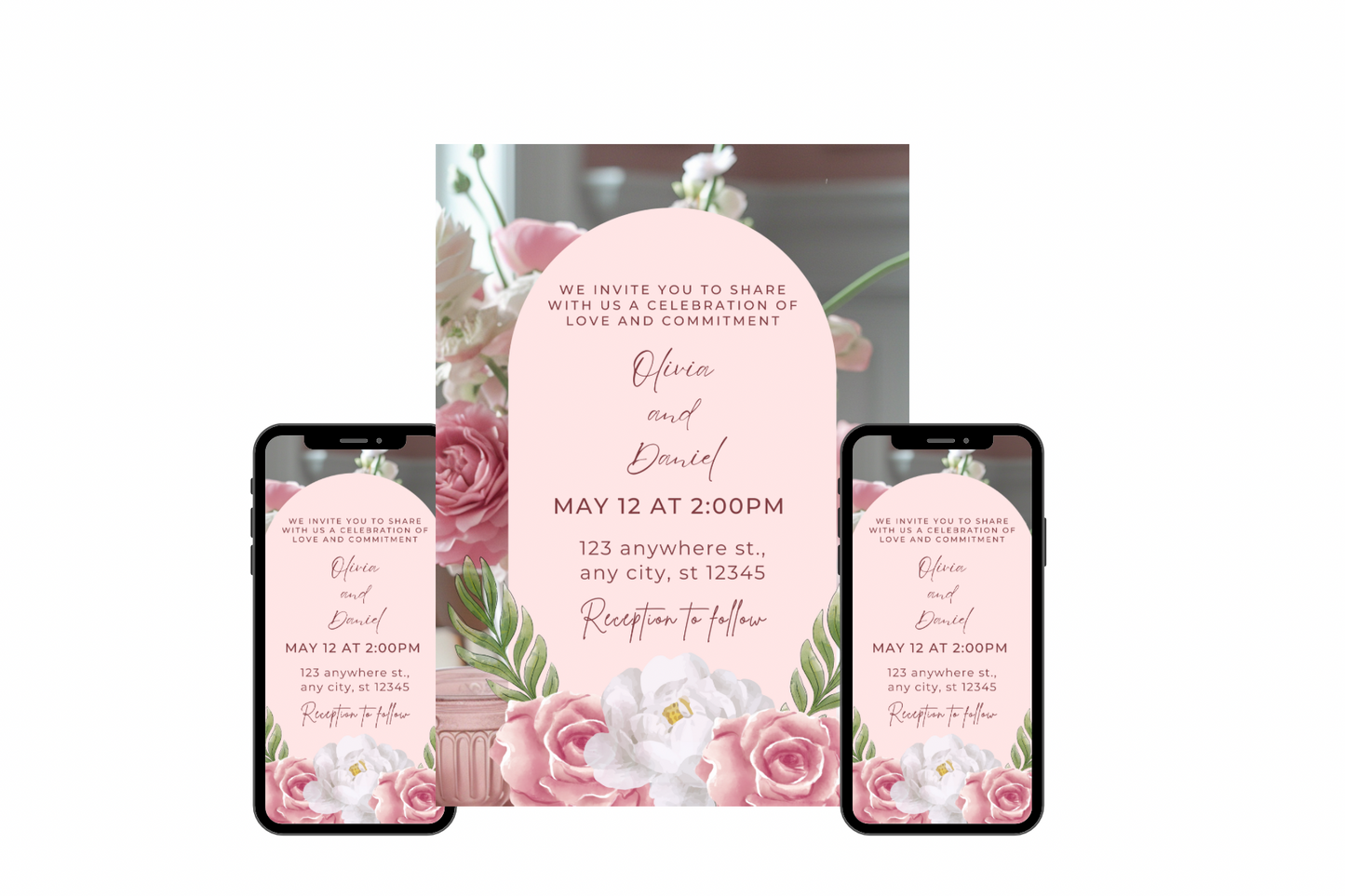 Pink Rose Wedding Invitation Template, Pink Flowers Wedding Inivte, Editable Blush Pink Wedding Invitation, Instant Download