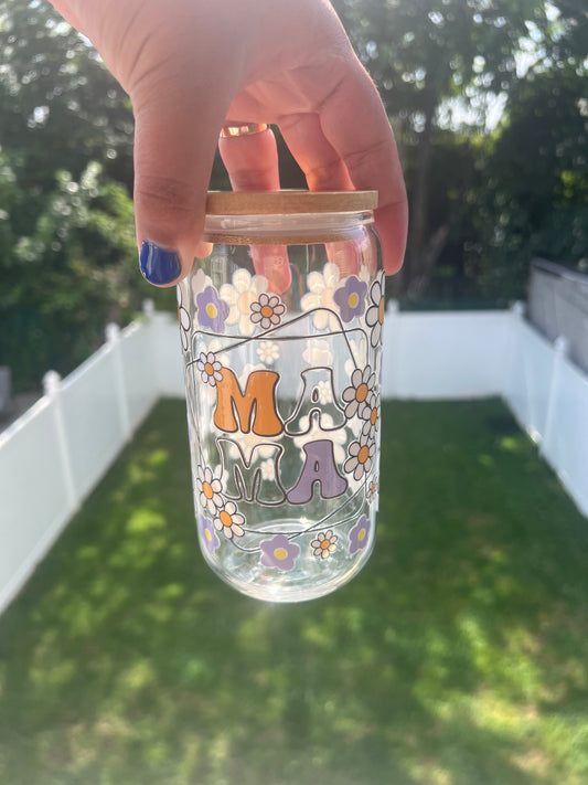 16 oz Glass Cup Mama Flower Decal